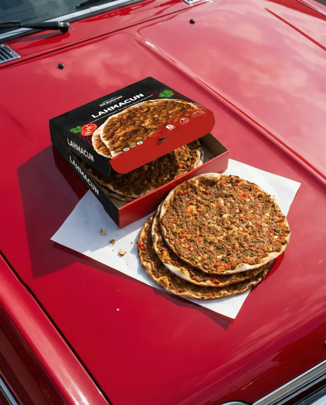 Ali Batmaz Lahmacun kutusu ve lahmacunlar kırmızı bir arabanın kaputunda