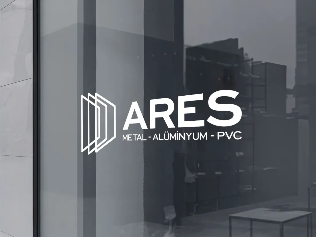 ARES Metal Alüminyum PVC logosu, cam cephe üzerinde