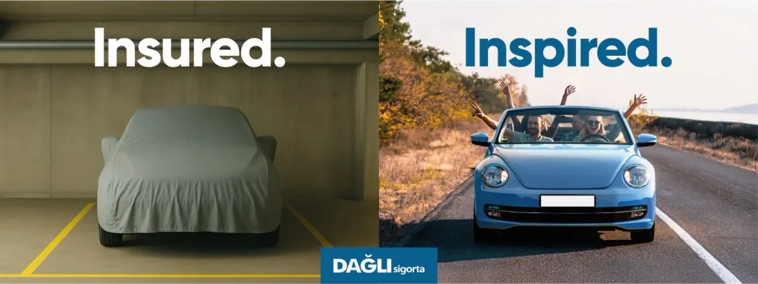 Insured başlığının altında örtülü otomobil, Inspired başlığının altında açık yolda üstü açık otomobil