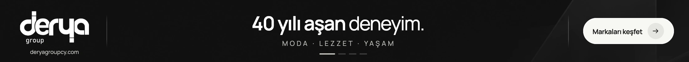 Derya Group logosu, 40 yılı aşan deneyim mesajı ve Markaları keşfet çağrısı