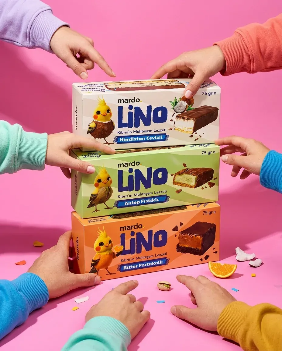 Pembe zeminde ellerin tuttuğu üç Mardo Lino kutusuyla kampanya kompozisyonu